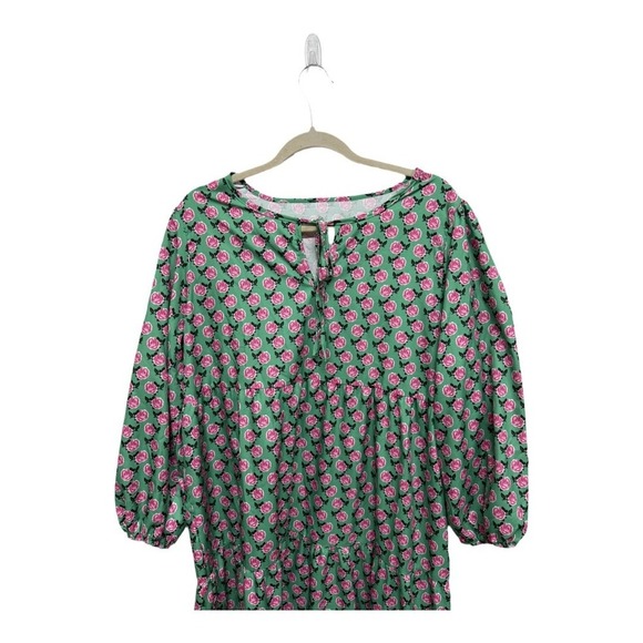 Bohemian Puff Sleeve Maxi Swing Dress Green Pink Floral Large Lightweight Party - Picture 6 of 7